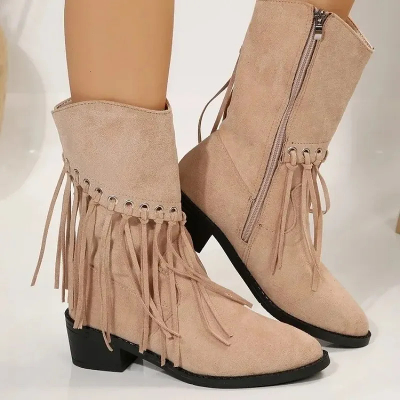 Womens retro womens boots Tassel denim autumn winter fashion pointed toes denim ankle boots womens high-heeled pleated western boots 250418