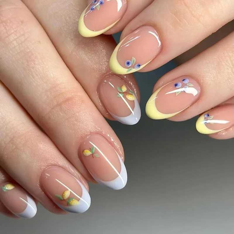 24pcs Simple french tip nails Mango Blueberry Short Removable Nail tip cheap medium press on nails False nails acrylic fake nailT251118T251119-image-1085214118