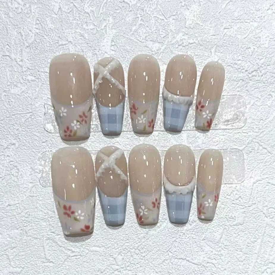 10PCS Flowers Plaid French Handmade False Nails 3D Stripe Decor Long Ballet Press On Nails Nude Sweet Spring Fake Nails WearableT251118T251119-image-1085213698