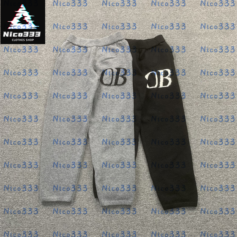 Men minimalist letter jacquard wool blend loose fit drawstring sweatpants - gray & black-image-840593489