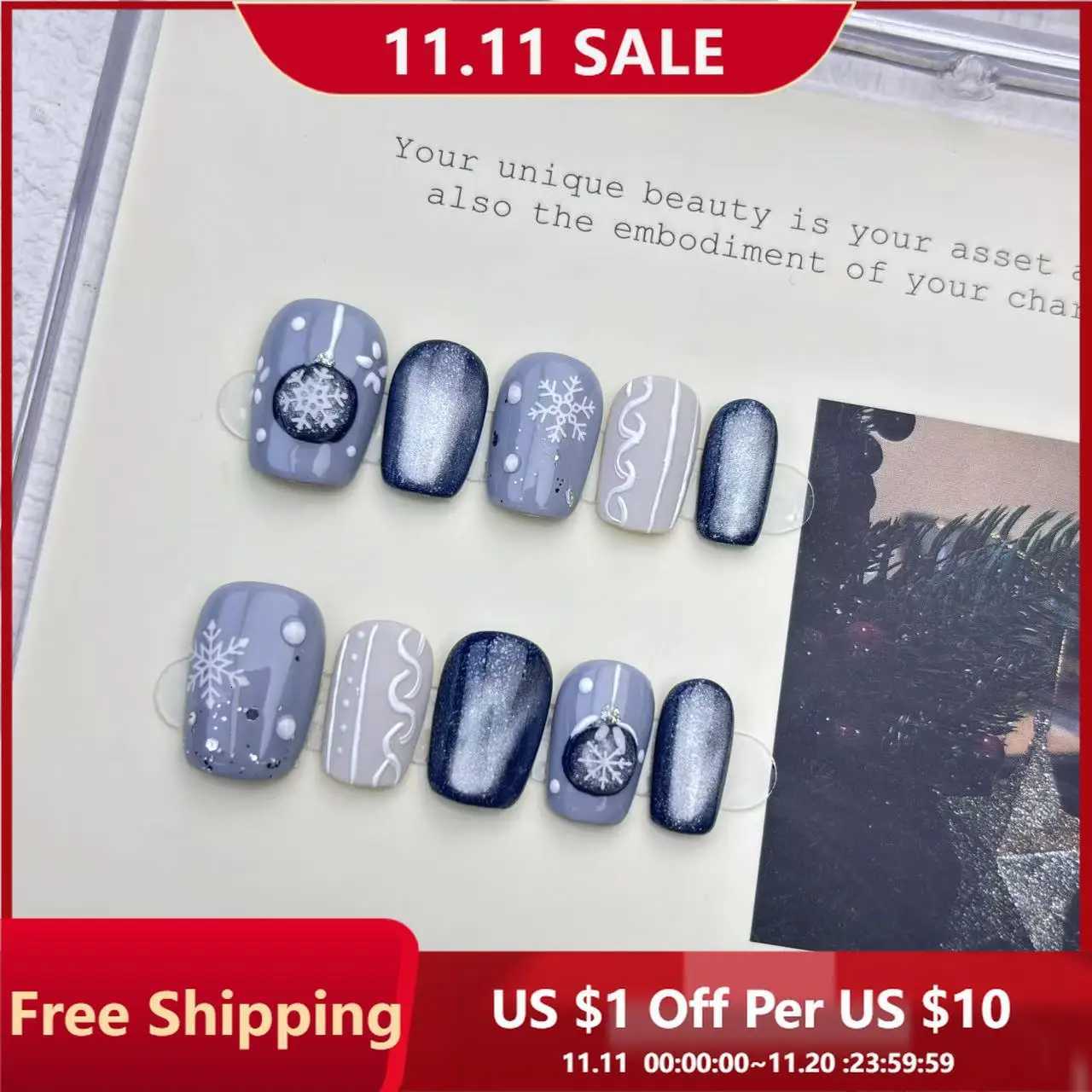 10pcs Handmade Press on Nails Christmas Frozen Blue Cat-Eye Full Coverage Nail Tips for WomenGirl Removable Wearable Nail ArtT251118T251119-image-1085216016