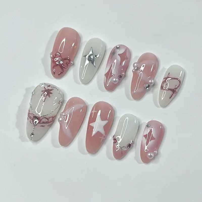 24PCS Pink Star Bow Press on Nail Gentle Blush French Almond False Nail with Pearl Diamonds Design Wearable Sweet Fake Nail TipsT251118T251119-image-1085221902