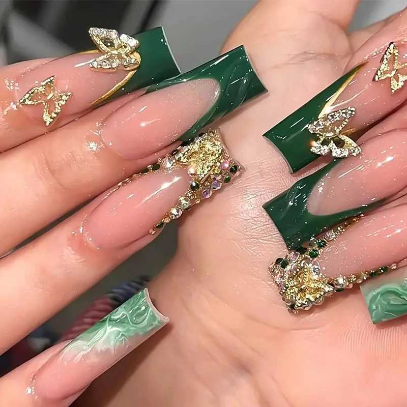1Sets Long Butterfly French Press On Nails With Sparkling Diamond Decor Green And Pink False Nail Tips Wearable Sweet Fake NailsT251118T251119-image-1085222229