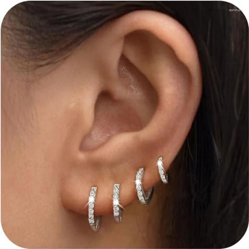 Boucles d'oreilles créoles 4 paires de petits cerceaux plaqués argent 925 CZ, Cartilage Helix scintillant en zircone cubique, cerceaux Huggie pou