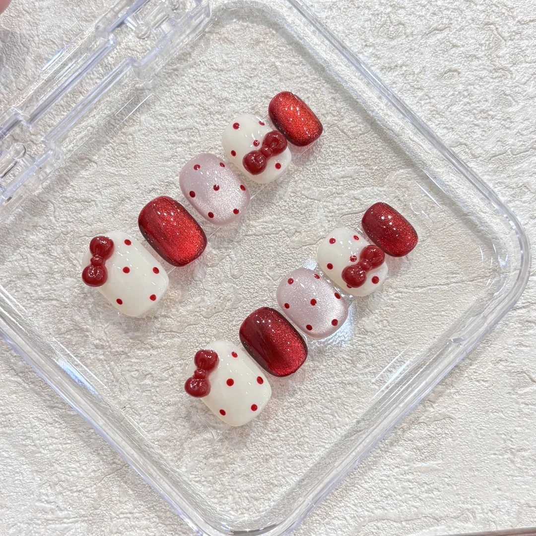 10pcs Handmade Press on Nails Red Polka Dot Cat-Eye Bow Full Coverage Nail for WomenGirl Short Oval Removable Wearable NailVT251118T251119-image-1085221130