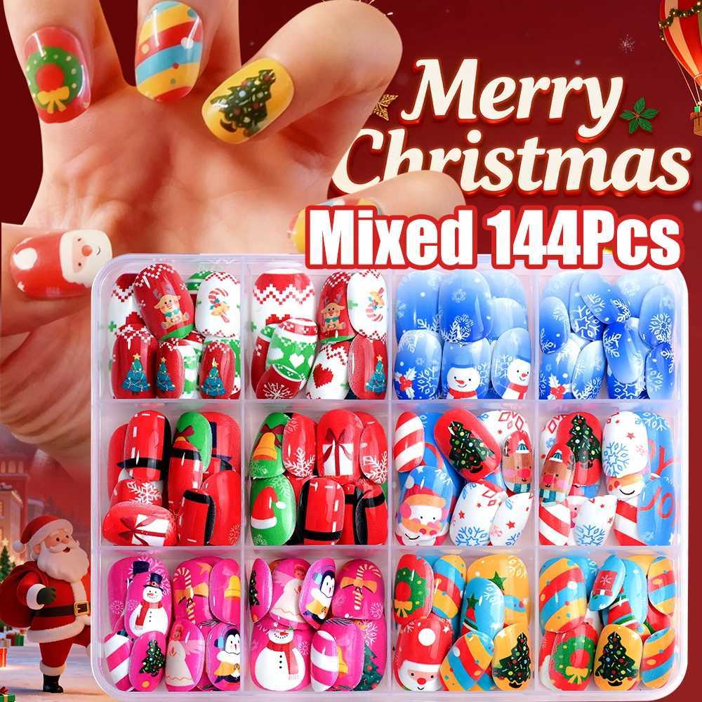 12gridsx12144pcs Christmas Children Fake Nails Red/Blue Square Round Press On Nails With Cartoon Snowman/Snowflake Nail TipsT251118T251119-image-1085222366