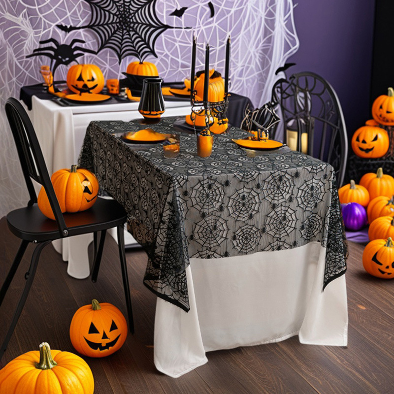 Halloween decorations, spider web tablecloth, rectangular black lace haunted house decorations 7QRV01-image-1085240528