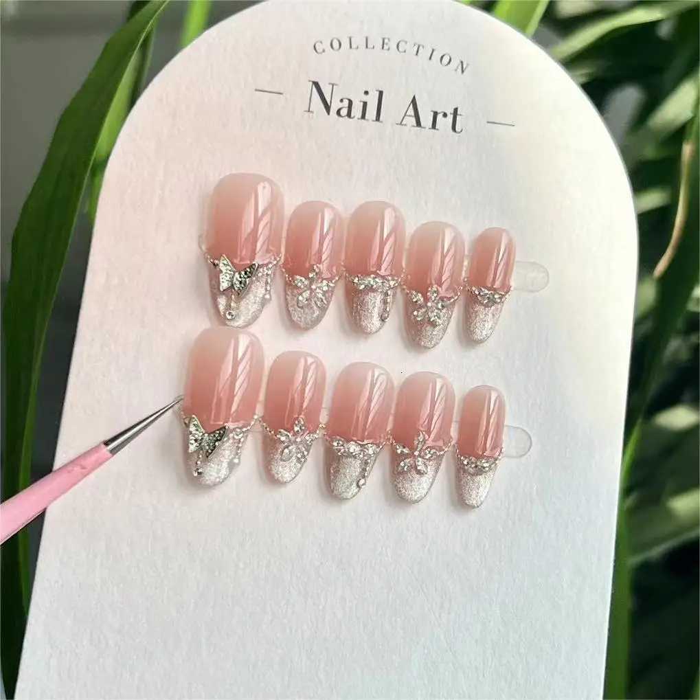 10Pcs Handmade Almond Press on Nails Pink French Luxury Decoration Reusable False Nails Full Cover Nail Tips for GirlsT251118T251119-image-1085219203