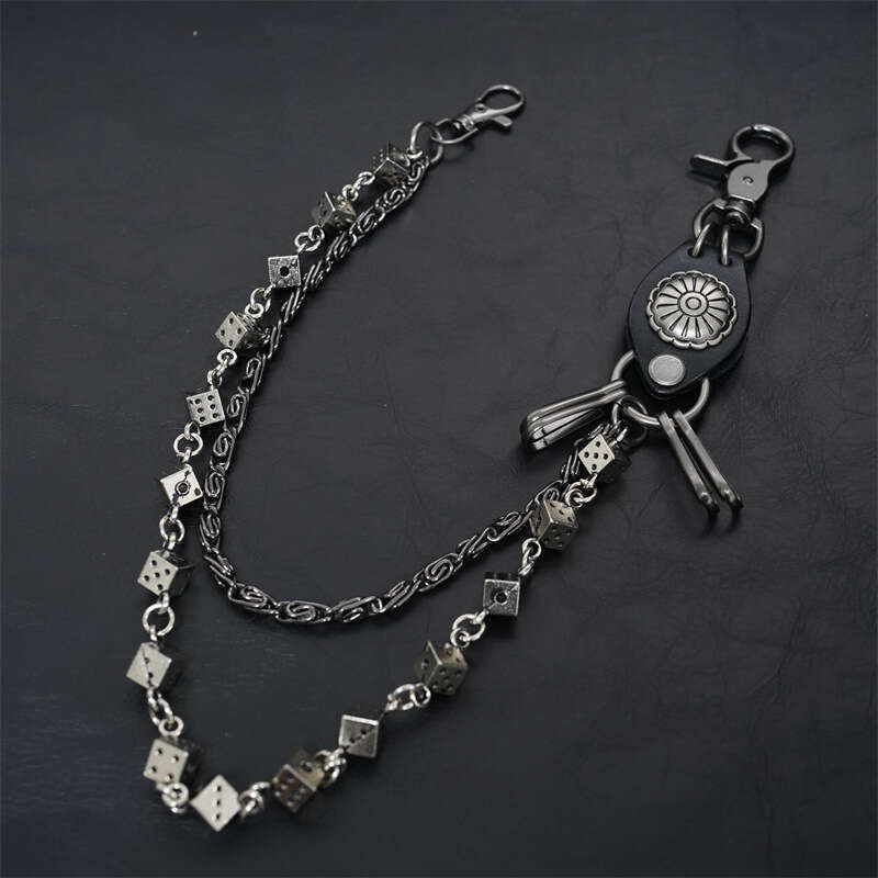 New Carved Genuine Leather Dice Double Layer Pants Retro Hip Hop Trendy Versatile Waist Chain