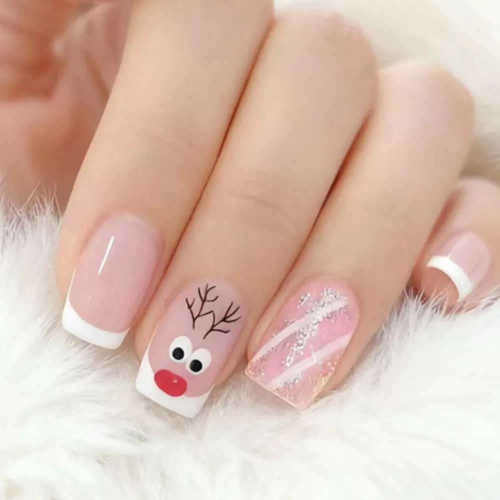 Christmas French Fake Nails With Glue For Woman Acrylic Natural Press On False Nails DIY Finger Manicure AccessoryT251118T251119-image-1085222654