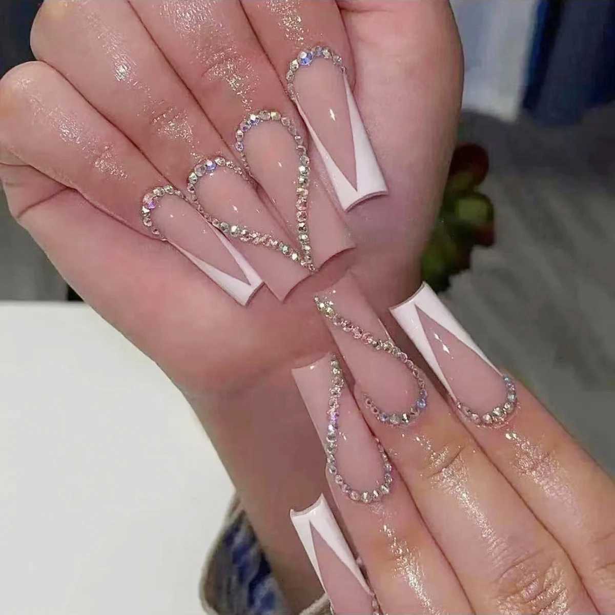 Transform Your Nails with 24pcs Long Coffin White French 3D Rhinestone Decor Fake NailT251118T251119-image-1085214713