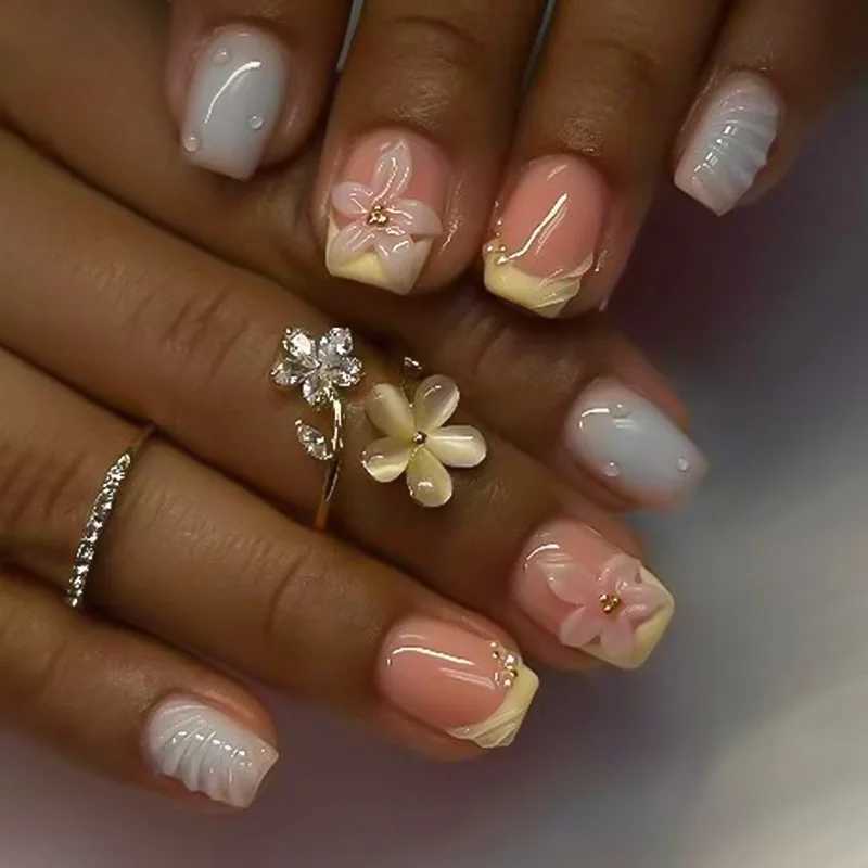 24Pcs Short Square Head Press on Nails Yellow French 3D Flower Fake Nails Blue Smudge Pearl Reusable Full Cover False Nails TipsT251118T251119-image-1085222333