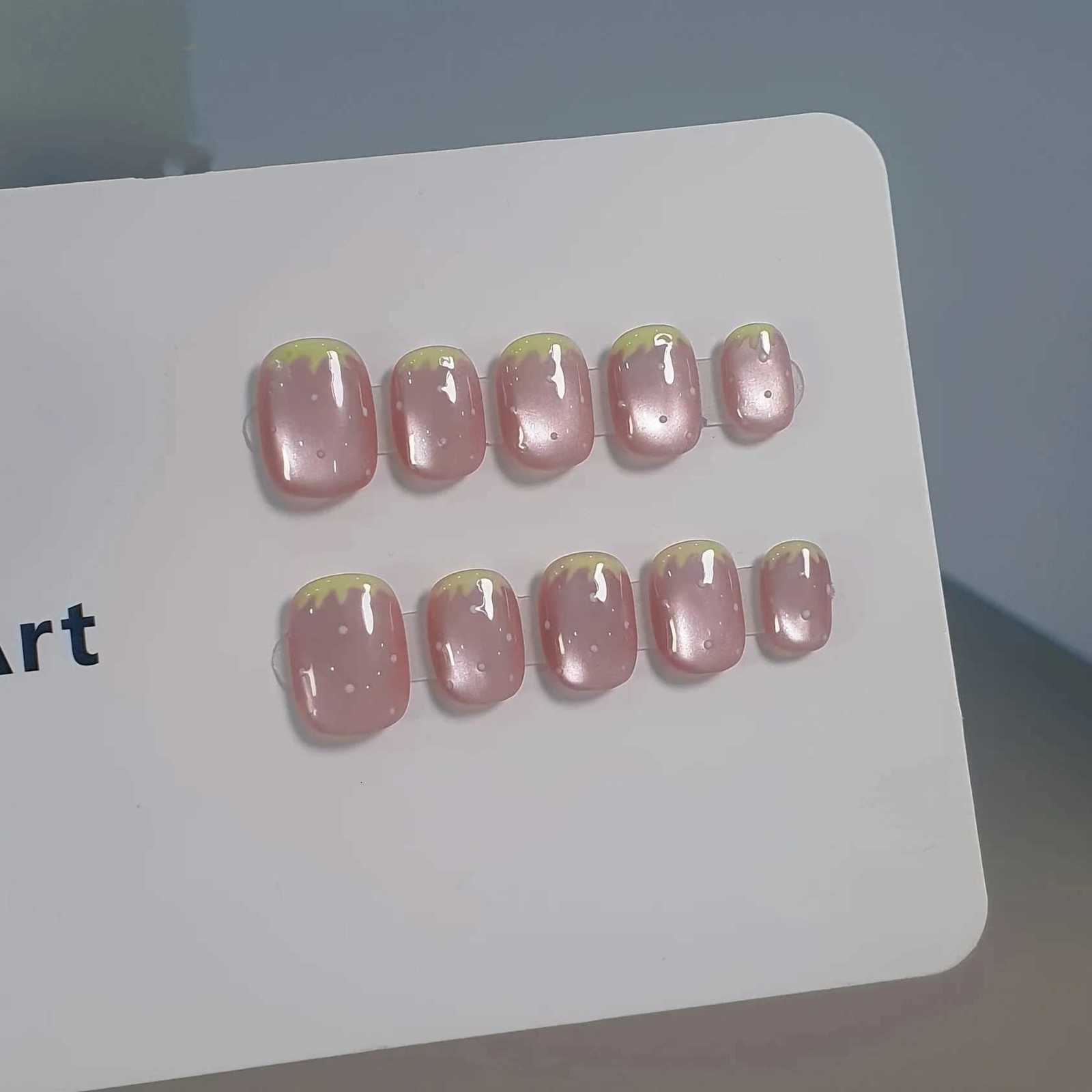 10pcs Handmade Press on Nails Sweet Strawberry Glass Beads Cats Eye Fake Nail Pink Summer Detachable Wearable Nail for WomenT251118T251119-image-1085220436