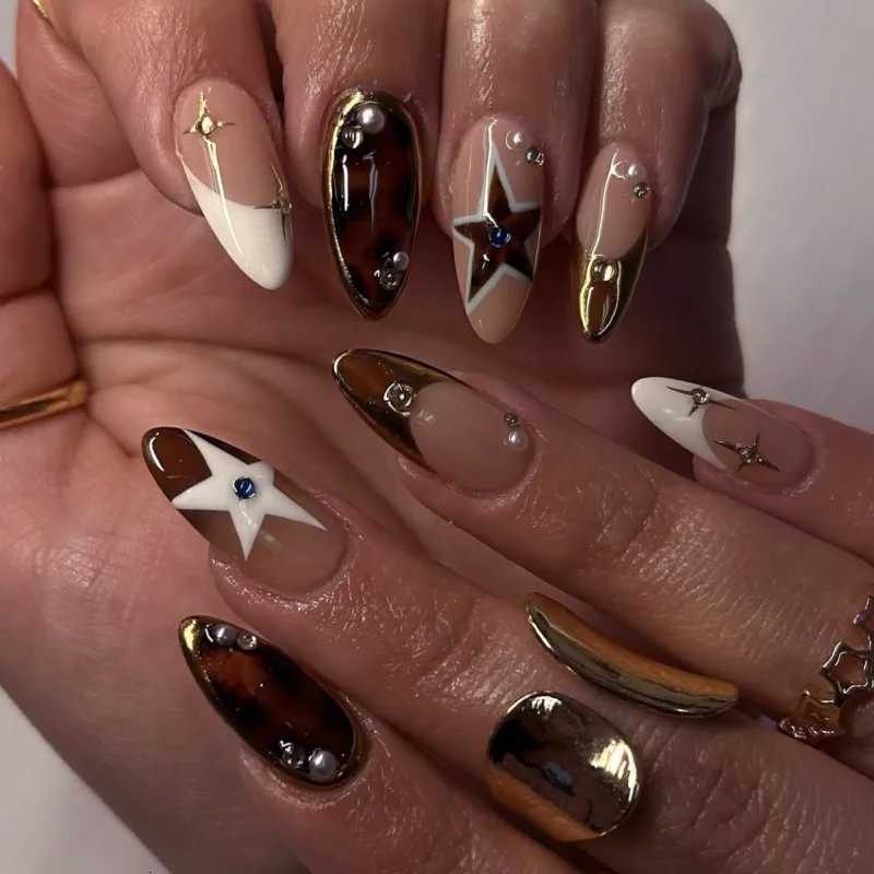 Autumn Brown French Press On Nails 24Pcs Y2K Girls Wearable Fake Nails Star Printed Spicy Girls Charm Manicure Diamond DecorT251118T251119-image-1085222299