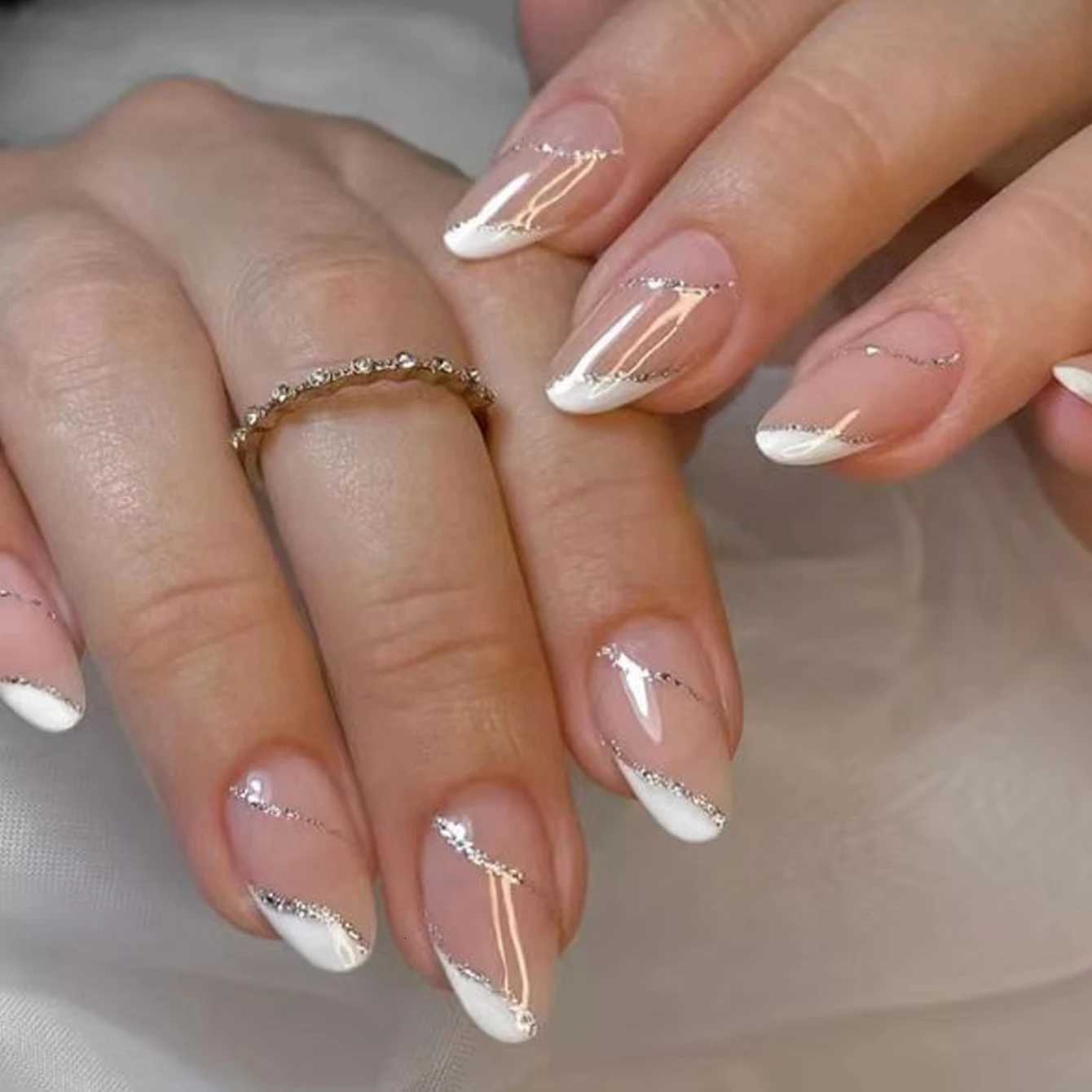 24PCS Medium Almond Fake Nails With Silver Vortex Design White French Pointed Fake Nails Reusable Acrylic NailsT251118T251119-image-1085214346