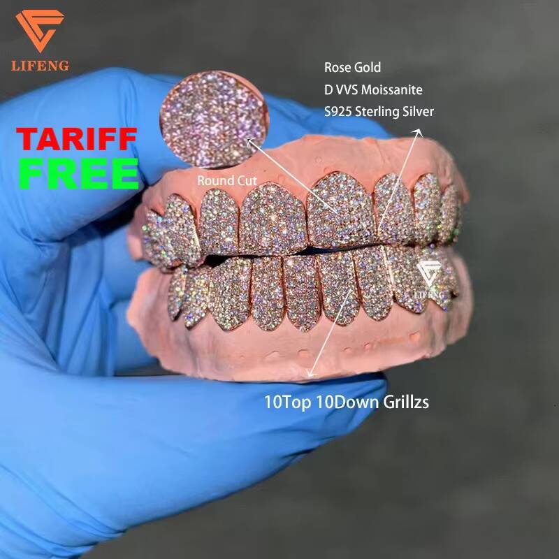 10 Top 10 Bottom Customizable Rose Gold Plated Iced Out Moissanite Grillz Hip Hop Jewelry Set With Perm Cut Moissanite for Teeth-image-1085171245