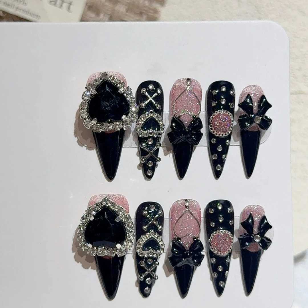 10pcs Y2K Stiletto Almond Handmade Press on Nails Black Fake Nails with 3D Bow Heart Design False Nails UasT251118T251119-image-1085218384