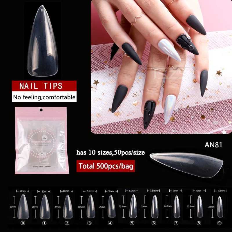 500pcs/lot Long Almond Clear ABS Nails Full Cover Stiletto Pointy False Tips Artificial Acrylic Nail Tips For Nail SalonT251118T251119-image-1085220140
