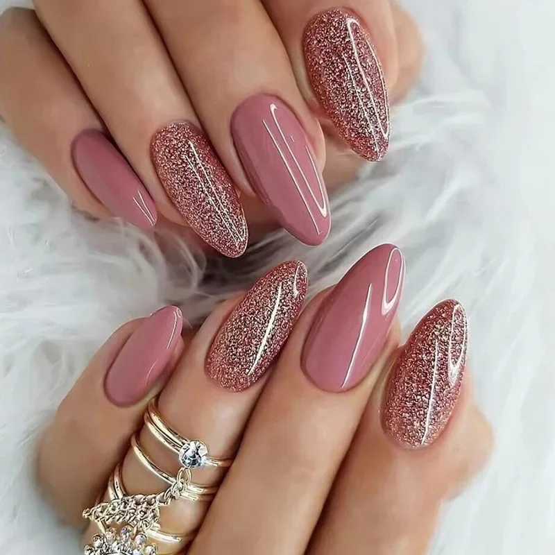 24pcs Solid Bean Pink Almond Glitter Medium Long Nails Press on False Nails with Glue Reusable Woman Artificial Fake Nail TipsT251118T251119-image-1085220351