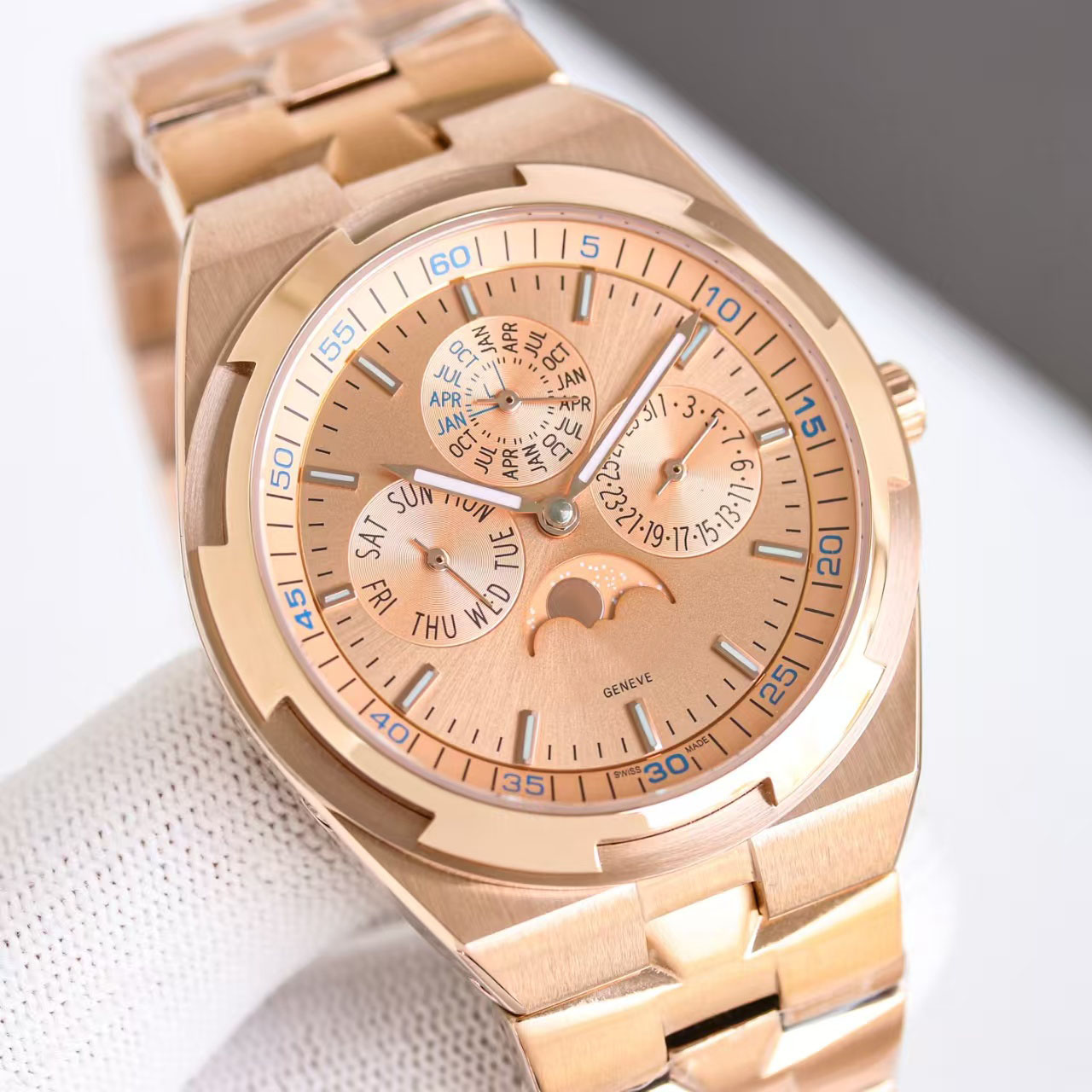 Overseas 4300V / 220R Calendrier perpétuel Montre ultra-mince en or rose Montres de luxe pour hommes Montre-bracelet automatique en cristal de sa