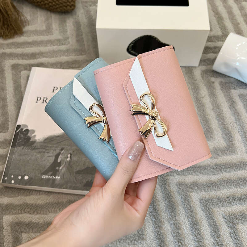 Hot selling 2025Bags bow short three fold urgent button women's wallet mini cheap s Hot