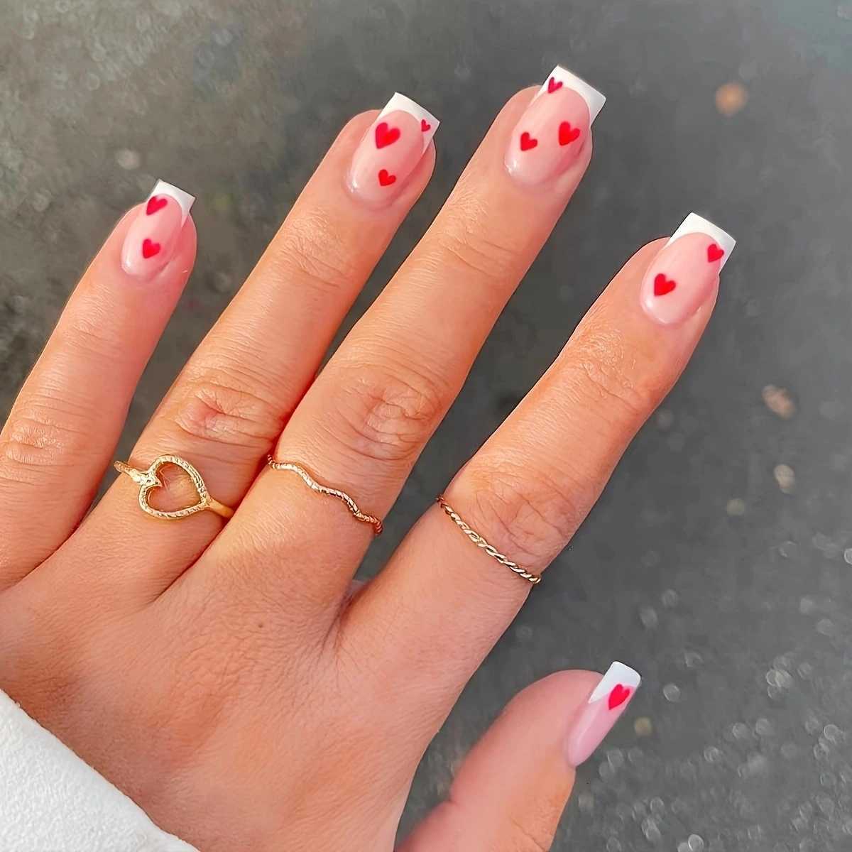 24PCS French short square Valentines Day Holiday Nail With Red Heart Design Glossy Nail Acrylic Full Coverage Fake NailT251118T251119-image-1085219100