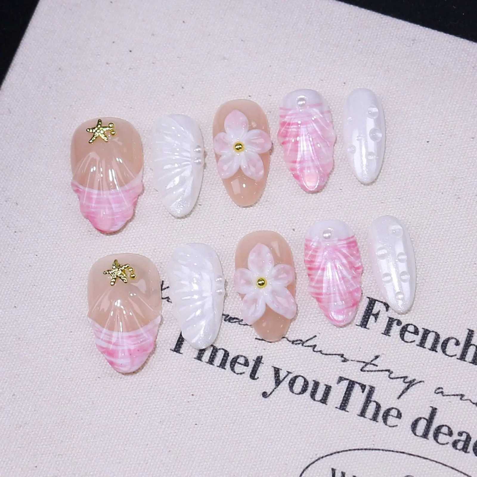 10Pcs 3D Flower Almond Handmade Press on Nails Fake Nails Wearable Stick-on Nails False Nail Uas Postizas T251118T251119-image-1085218362