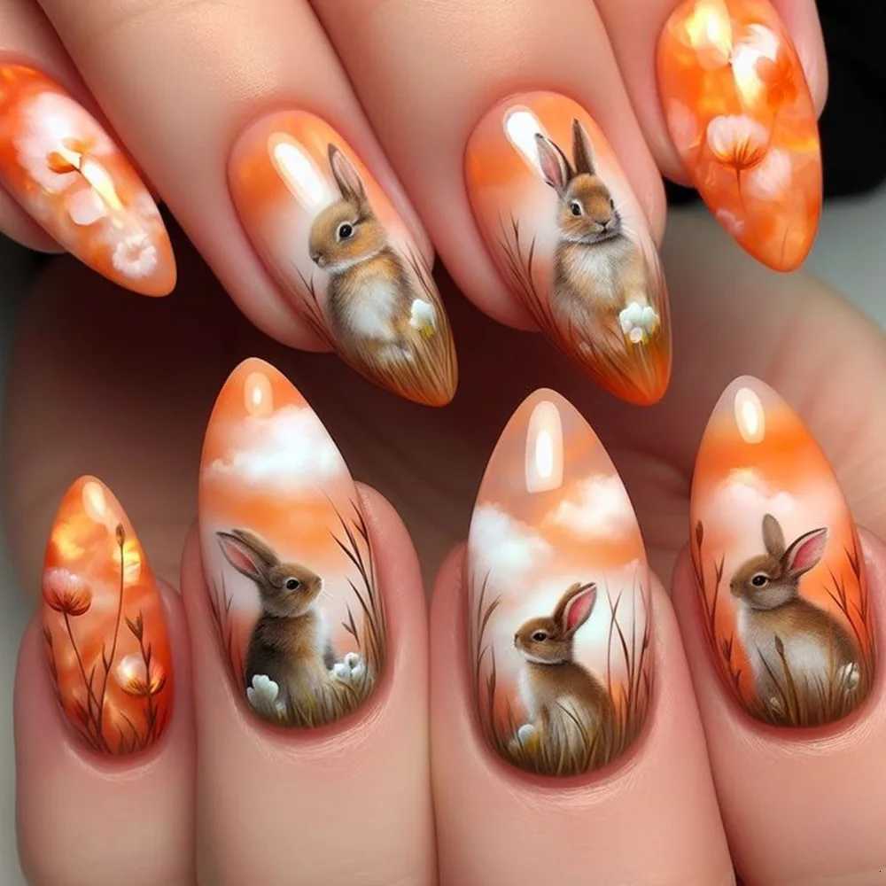 24pcs Cartoon Animal Print Fake Nails Rabbit Pigeon Sheep Cat pattern Korean Press on Nails for Women Girl Wearable False NailsT251118T251119-image-1085213856