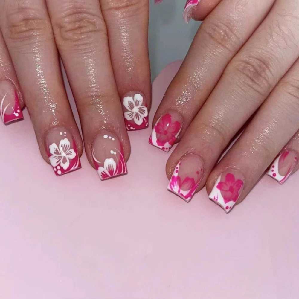 24Pcs Short Square Head Fake Nail with Colorful Flower Designs Wearable French False Nails Ballet Finished Jelly Stick on NailsT251118T251119-image-1085215195