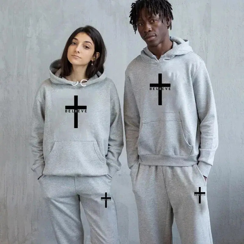 Mens fashion printing believes in Jesus Christ hoodies track and field clothes autumn winter pants 2piece floral sportswear set 250418