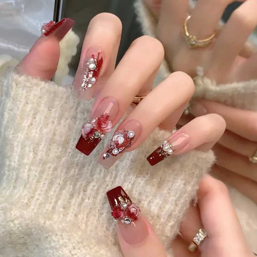 Long Ballet Press on Nails Red Rose Flower Designed Full Cover Fake Nails French Style Wearable False Nails Tips for WomenT251118T251119-image-1085214442