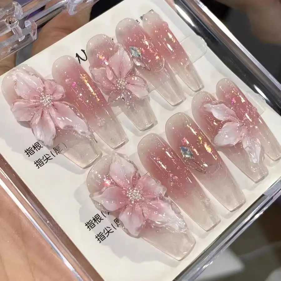 10Pcs Handmade Gradient Pink Fake Nails Long Press On Nails French False Nails 3D Pink Flowers Decor Wearable Press on NailsT251118T251119-image-1085219045
