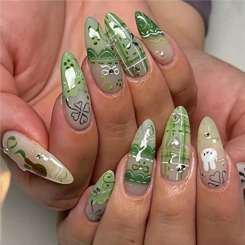 24PCS Sweet Green Flower Almond Press on False Nails Cute Cartoon Rabbit Bow Plaid Stiletto Fake Nails for Women Simple Ins NailT251118T251119-image-1085221404