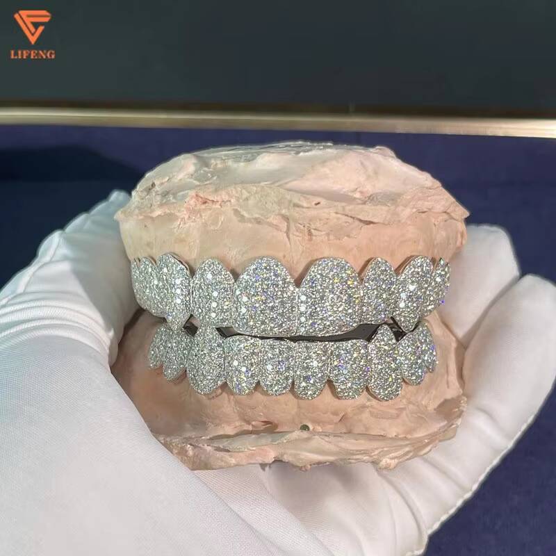 Lifeng Custom 8 Teeth Deep Perm Cut VVS Moissanite Hip Hop Iced Grillz in 18K Plated White Gold and Sterling Silver Jewelry-image-1085171065