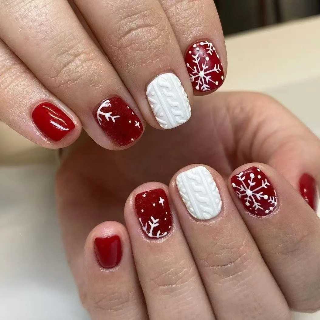 24pcs Shiny Powder Full Cover Nail Art French Red Short Square Fake Nails Christmas Snowflake False Nail Reusable Press on NailsT251118T251119-image-1085222487
