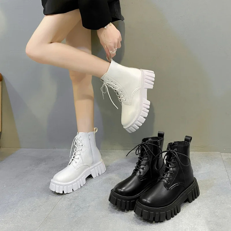 White Womens Ankle Boots Autumn Winter Platform Zipper Womens Punk Boots Thick Bottom Lace Combat Boots 250418