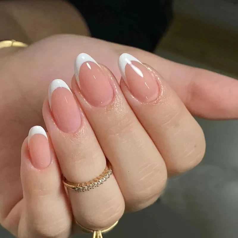 30 Pcs Ready-made Artificial False Nails Holiday Glued Fake Nails Set White French Medium Short Almonds Press on Nails for WomenT251118T251119-image-1085213769