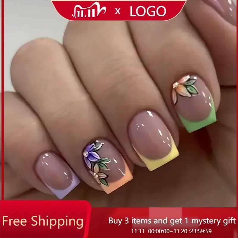 24pcs/box Glossy Short Square Fake Nails Colorful French Tip Press On Nails Flower Pattern Spring Summer False Nails For WomenT251118T251119-image-1085218900