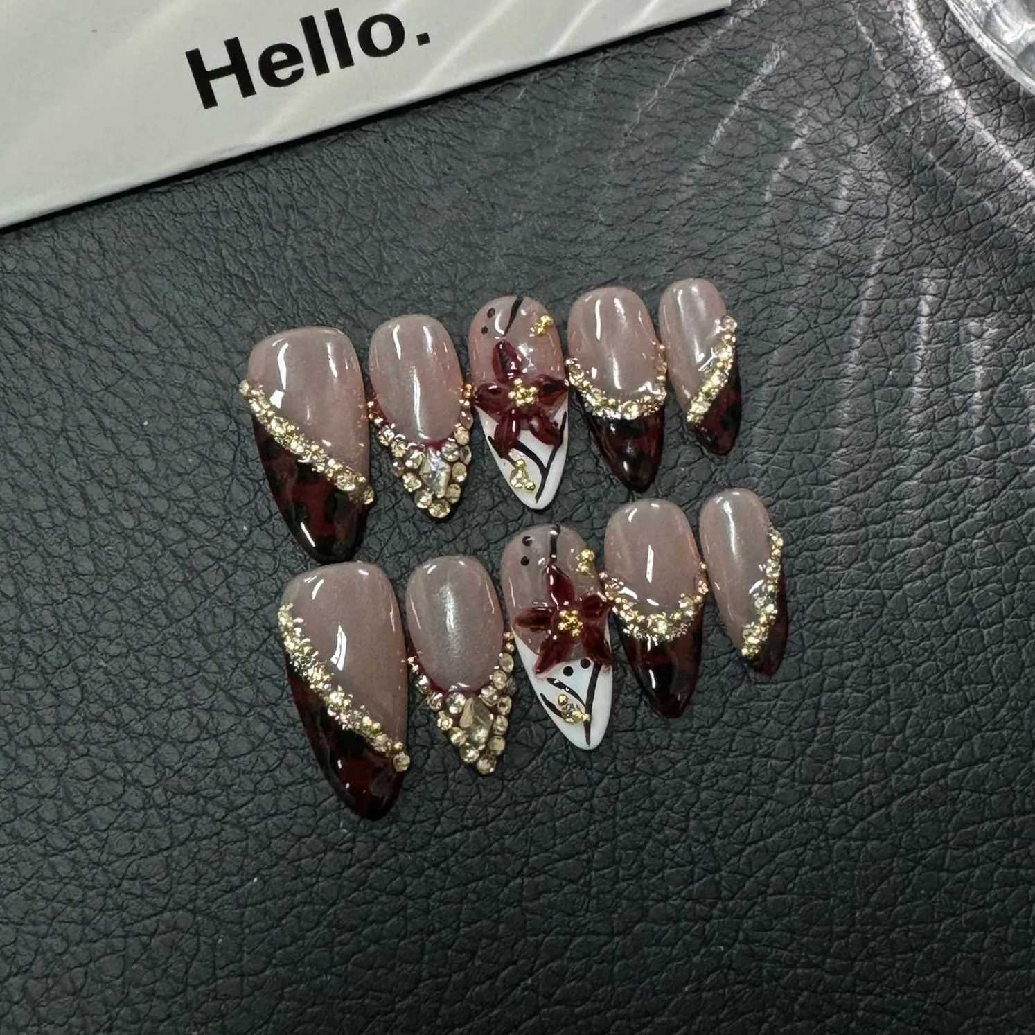 10pcs Handmade Fake Nails 3D Sculpted French Almond Manicure Press on Nail Mid-Length Ladder Nail Art Removable Wearable NailT251118T251119-image-1085222450