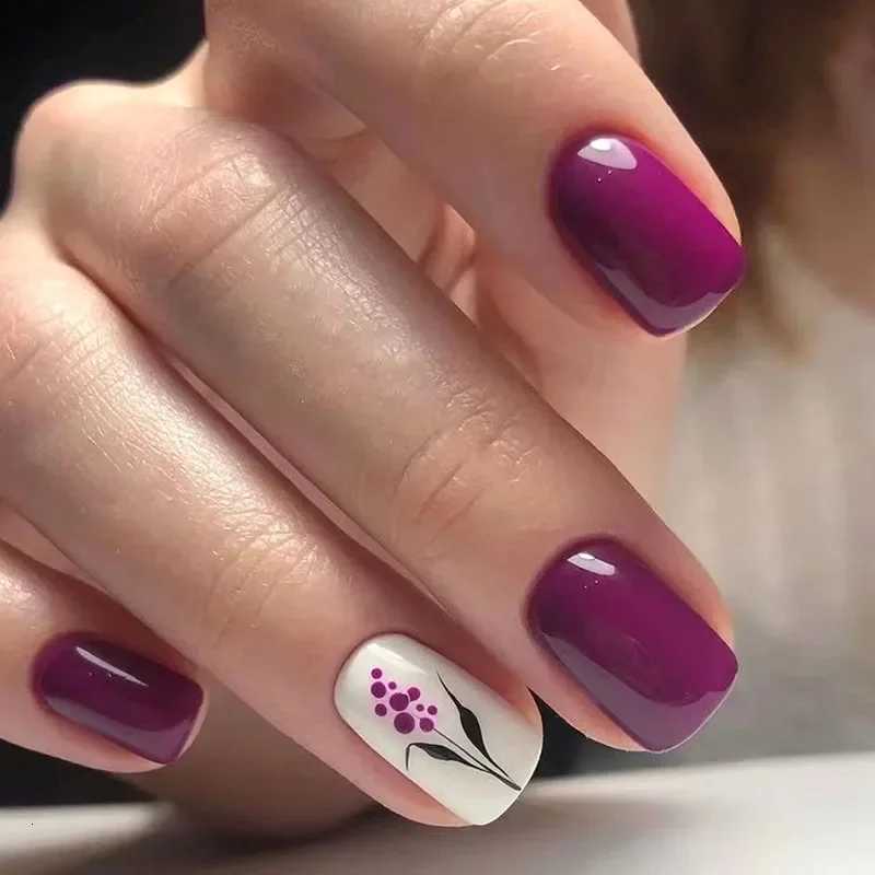 24pcs/set Square Rose Red Purple Flower Press on Nail False Nails for Girls Fake Nails with Design Artificial Nails Short CheapT251118T251119-image-1085213841