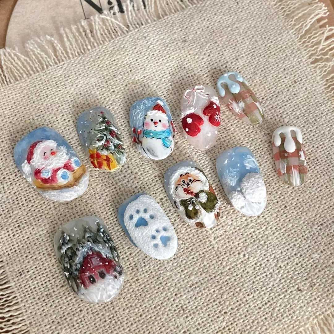 24Pcs Short Round Head Fake Nails Snowfield Santa Claus Design Press on False Nails Snowman Bow Detachable Full Cover Nails TipsT251118T251119-image-1085222086