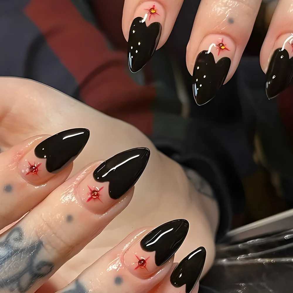 24pcs French Almond Press on Nail with Red Rhinestone Design Fake Nails Girl Wearable Full Cover Ins Simple Fake Nail PatchesT251118T251119-image-1085213710