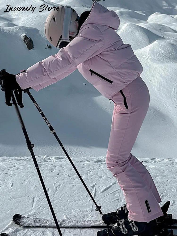 Women's Two Piece Pants Fashion Solid Color Ski Suit Hooded Full Sleeves Zippers Warm Coats High Waist 2025 Autumn Winter Lady Tracksuit a6