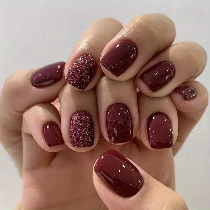 24pcs Glossy Short Square Fake Nails Solid Wine Red Press On Nails Sparkling False Nails For Women Girls Daily Party WearT251118T251119-image-1085215106