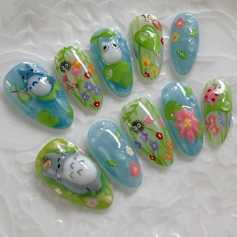 24Pcs Long Almond Press on Nails - 3D Cartoon Frog Design with Ocean Green Grass Red Flowers and BubblesT251118T251119-image-1085213627
