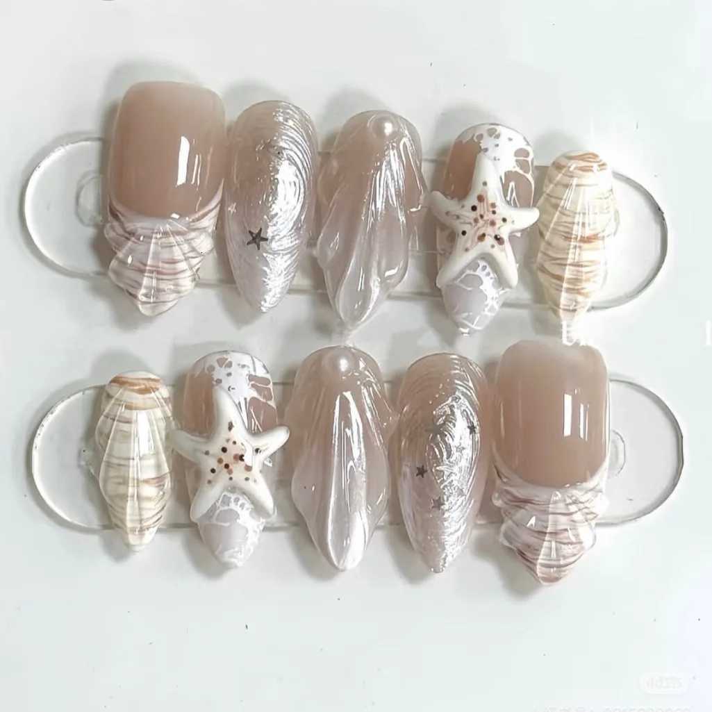 24Pcs 3D Shell Starfish French False Nails Press on Mid-length Almond Pearlescent Design Fake Nails Wearable Full Cover Nail TipT251118T251119-image-1085219951