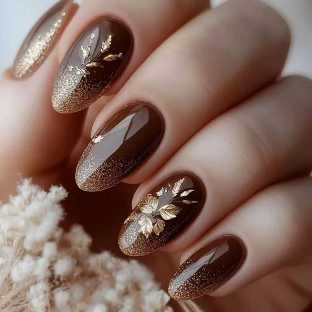 24Pcs Glossy Brown Fake Nails Autumn Almond Press On Nails with Gold Color Leaf Designs Full Cover Stick-on False Nails PatchesT251118T251119-image-1085214371