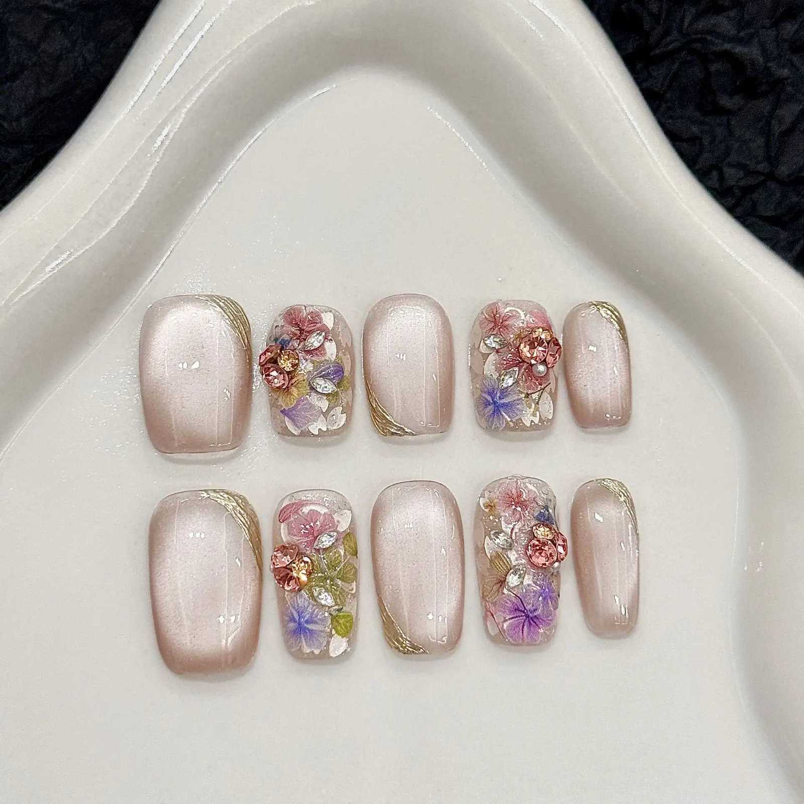 10pcs Short Square Handmade False Nail Art Cats Eye Design Press on Fake Nails Colorful Flower Full Cover Nail Tips ManicureT251118T251119-image-1085220739