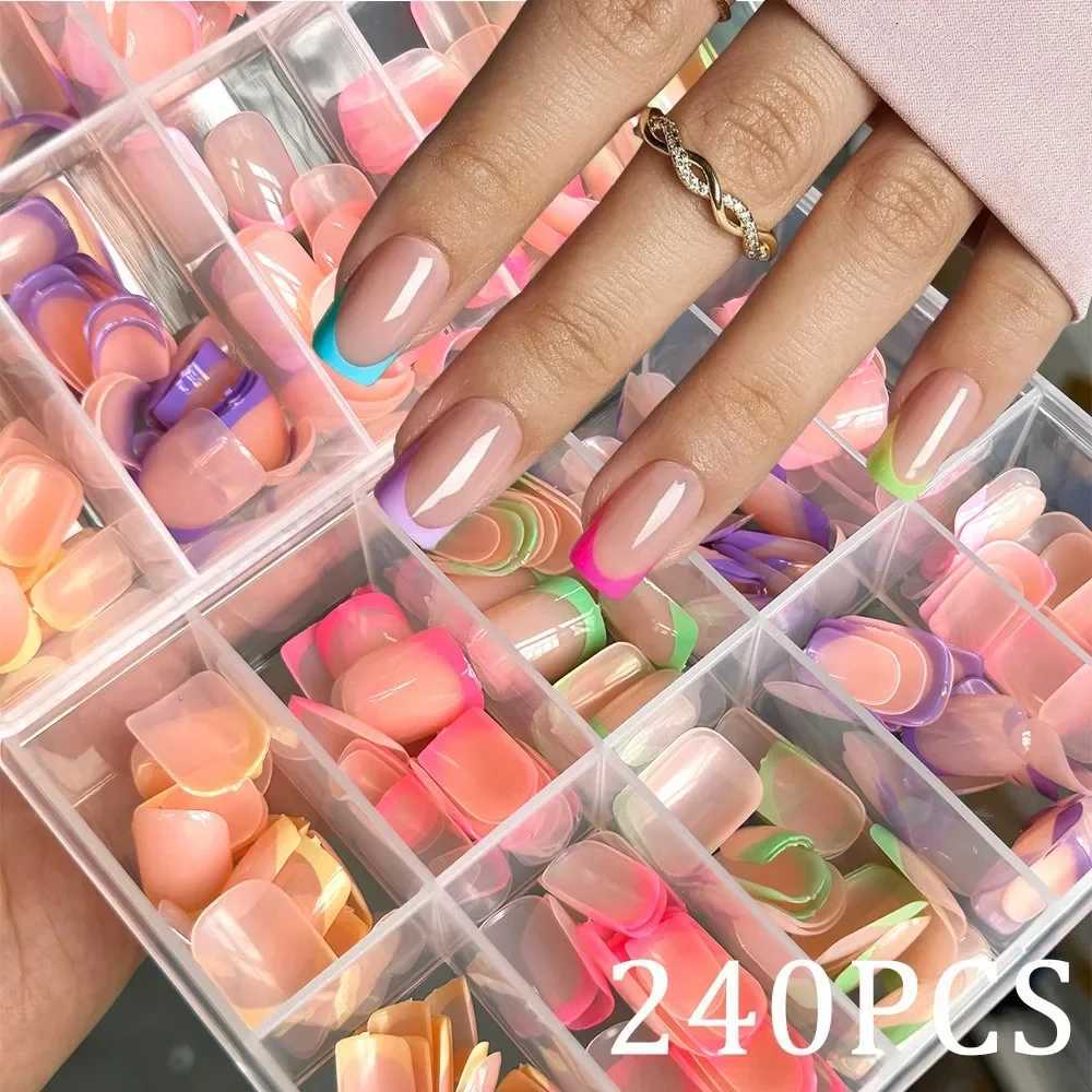 240PCS Candy Color French Short Square False Nails Pink/Green/Purple Full Cover Macarons Press On Nails DIY Artificial ManicureT251118T251119-image-1085221437