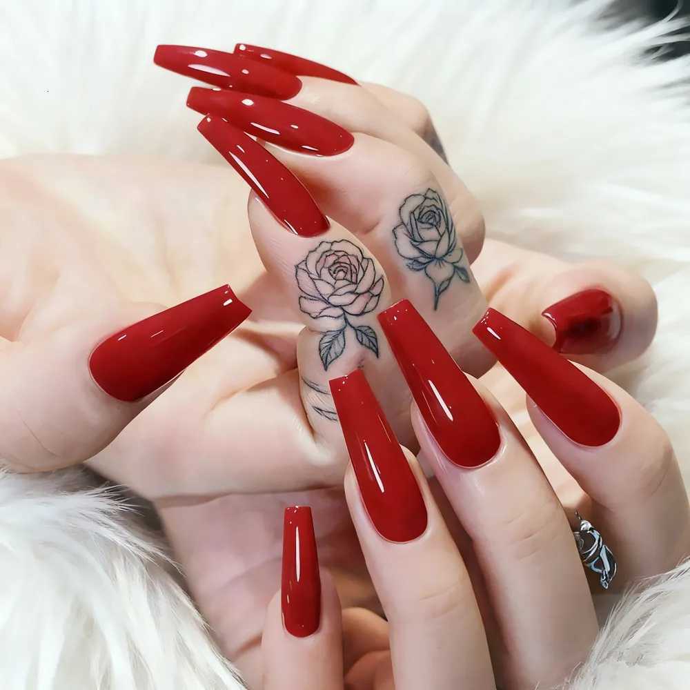 48Pcs Acrylic Fake Nails Press Ons With Glue Burgundy Super Long Ballerina Coffin False Nail DIY Woman Manicure Wholesale ItemsT251118T251119-image-1085213601